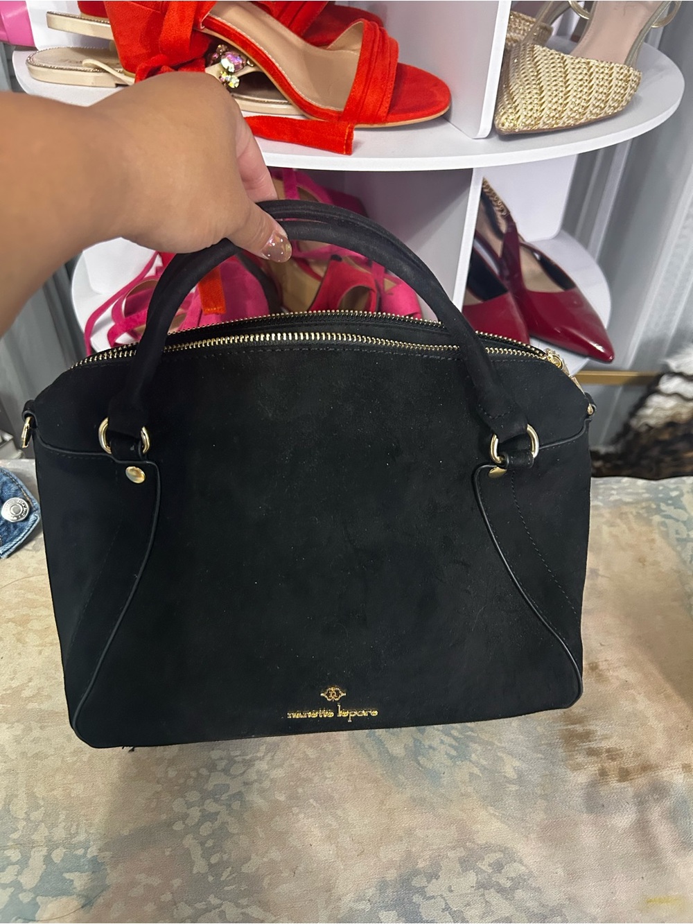Nanette Lepore Black Suede Satchel with Gold Hardware